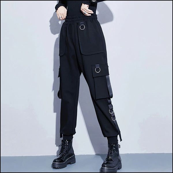 Czarne koreańskie spodnie streetwear cargo