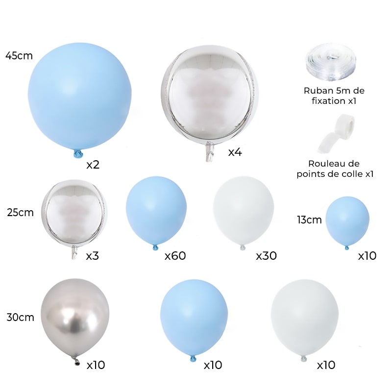 Arco di palloncini blu bianco argento
