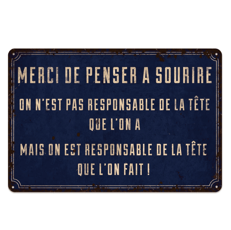 Plaque métal humour merci de penser a sourire