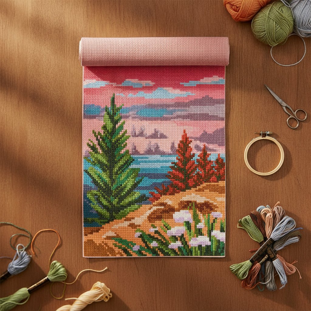 Kit de broderie în cruciulițe „Apus de soare peste pădure”