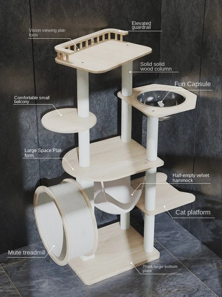 Árbol para gatos de diseño - madera blanca con rueda y hamaca - paraíso para gatos