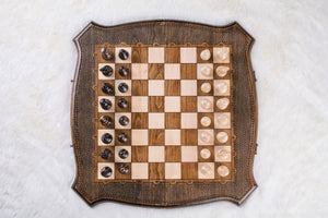 Sammenklappeligt skakbræt og skaksæt