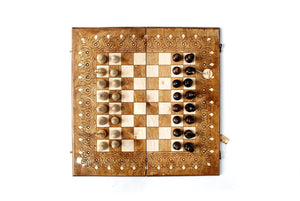 Vintage skakbræt og skaksæt