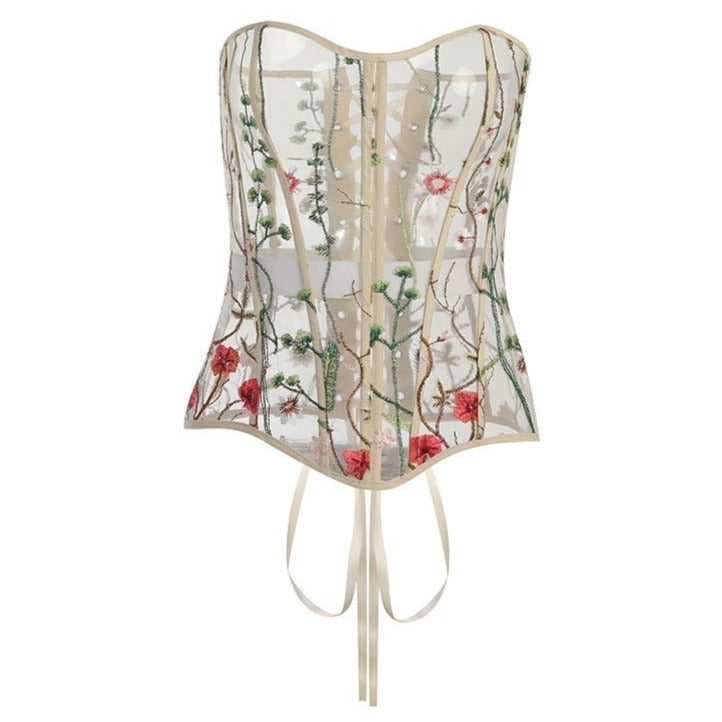 Sexy og gjennomsiktig bustier-korsett (beige)