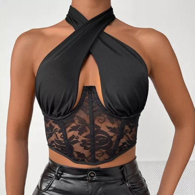 Elegantti musta pitsi Crop Top Korsetti