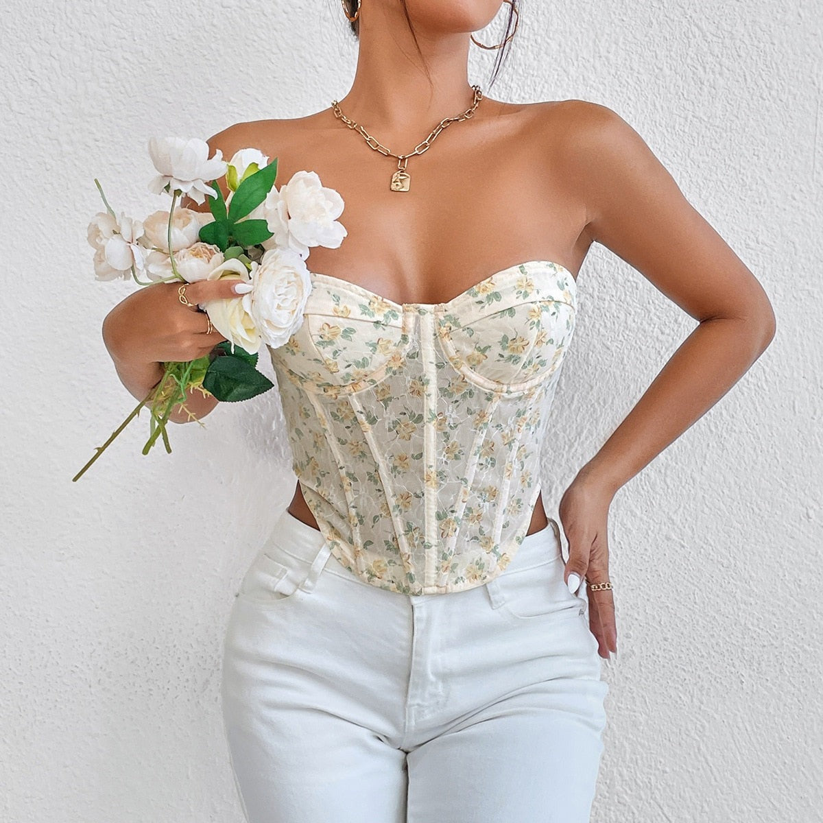 Top fără bretele din dantelă florală Top fără bretele din dantelă florală