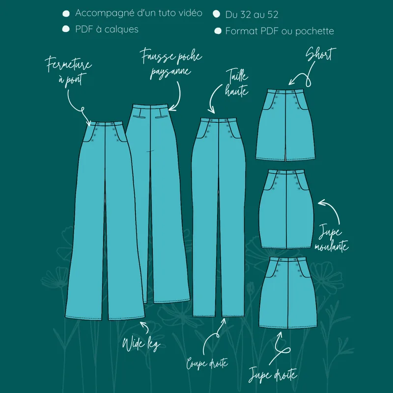 PDF-Schnittmuster Rock / Hose / Shorts „Fauvette“ von Größe 32 bis 52