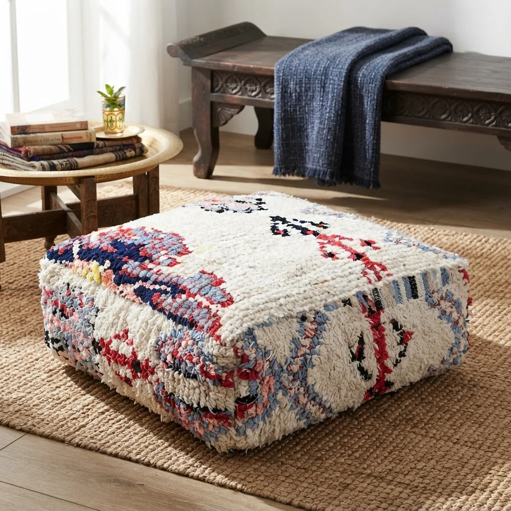 Värikäs Boucherouite-pouf Azilal-designilla nro 1 Värikäs Boucherouite-pouf Azilal-designilla nro 1