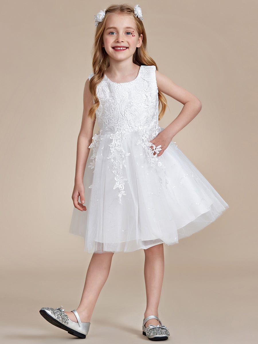 Abito d'onore per bambini Linea A in pizzo ricamato elegante papillon Senza maniche