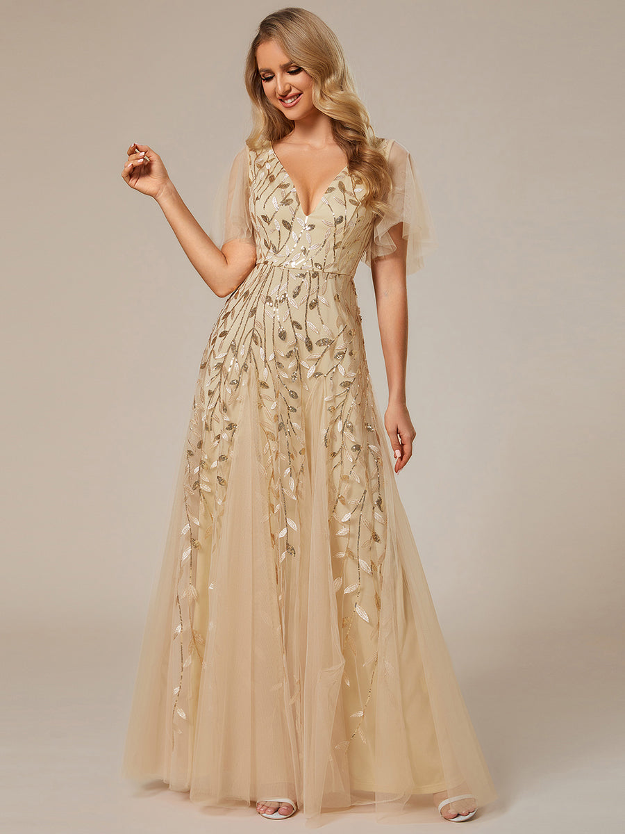 Splendido abito da sposa lungo con scollo a V e maniche arricciate