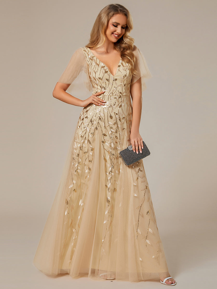 Splendido abito da sposa lungo con scollo a V e maniche arricciate