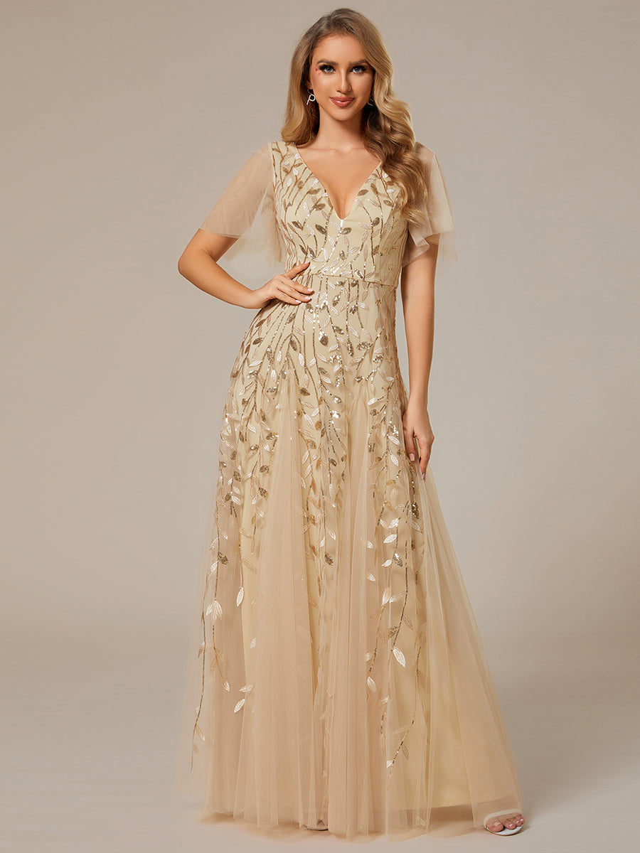 Splendido abito da sposa lungo con scollo a V e maniche arricciate