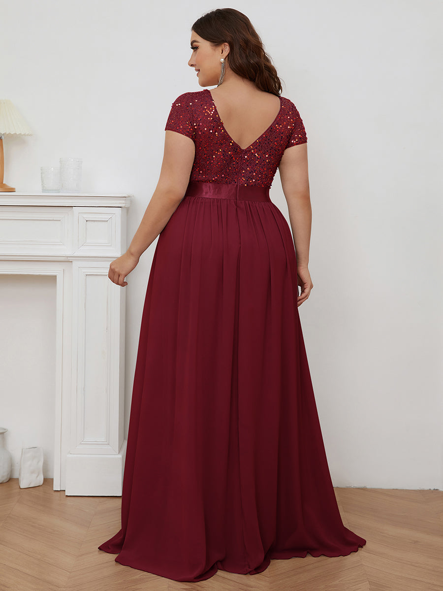 Maxi abito da sera in chiffon di seta con scollo a V in taglia grande e maniche corte