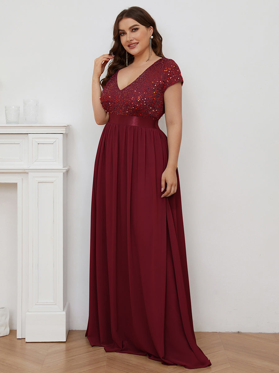 Maxi abito da sera in chiffon di seta con scollo a V in taglia grande e maniche corte