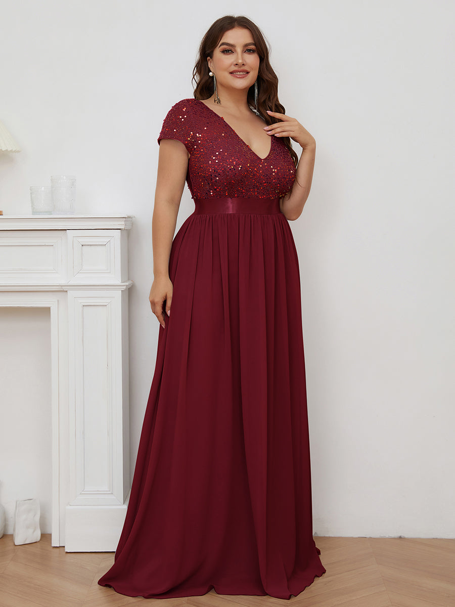 Maxi abito da sera in chiffon di seta con scollo a V in taglia grande e maniche corte