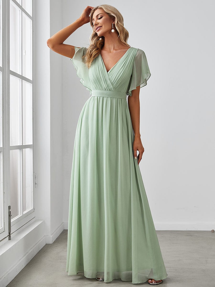 Abito da sera in chiffon con scollo a V e maniche 
 svolazzanti