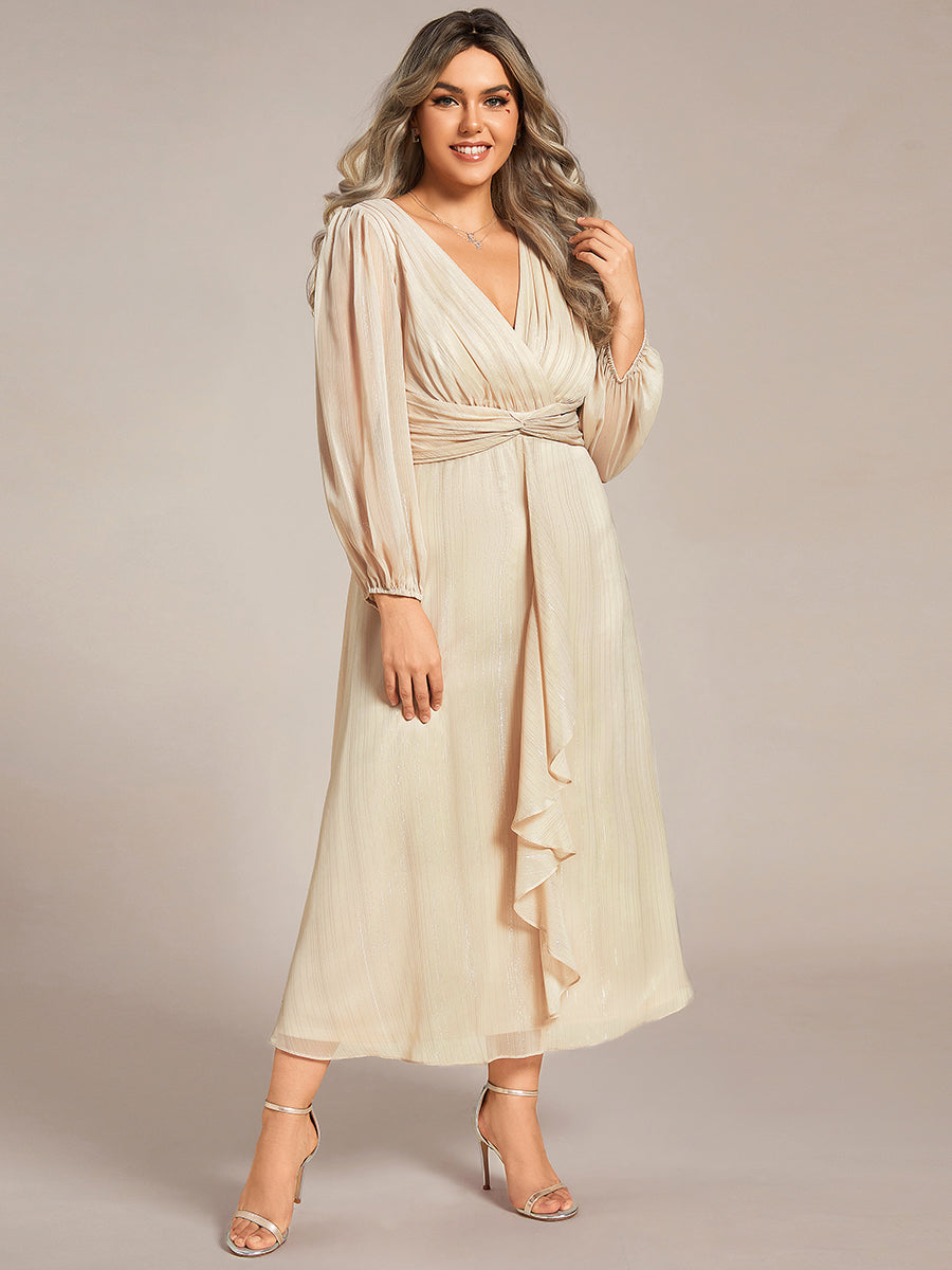 Plus size Abito da sera scintillante con maniche lunghe e scollo a V in chiffon a trapezio con nodo intrecciato