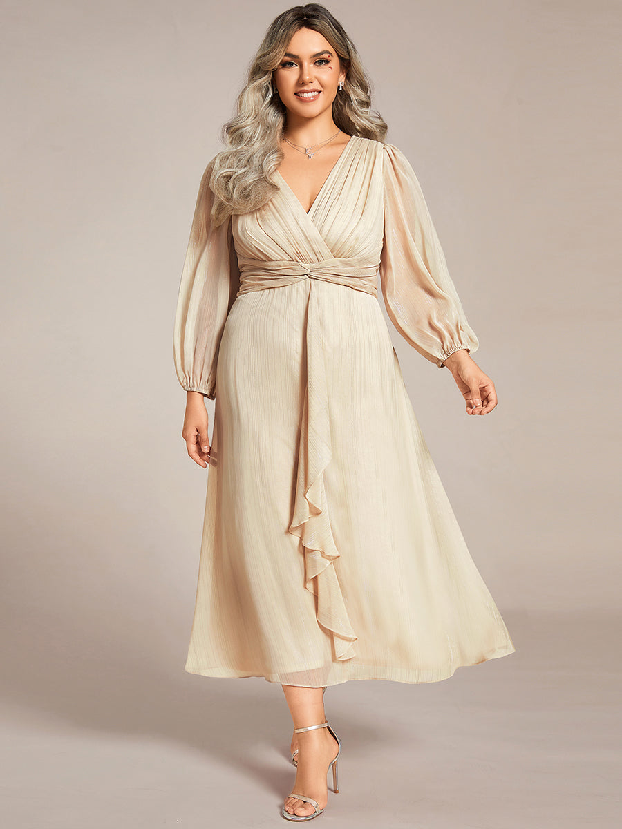 Plus size Abito da sera scintillante con maniche lunghe e scollo a V in chiffon a trapezio con nodo intrecciato