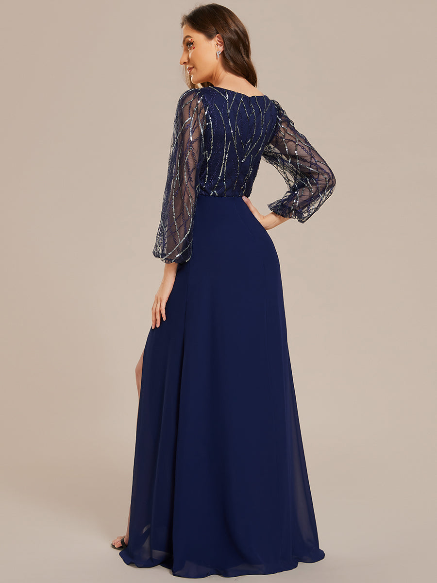 Abito da sera A-line in chiffon di seta trasparente con paillettes, maniche lunghe, spacco alto