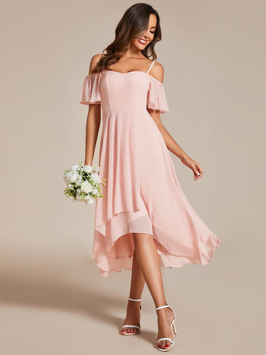 Abiti da sposa in chiffon con maniche corte, alte e basse, senza spalline