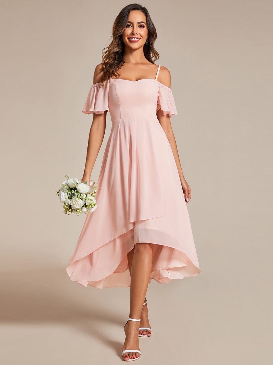 Abiti da sposa in chiffon con maniche corte, alte e basse, senza spalline