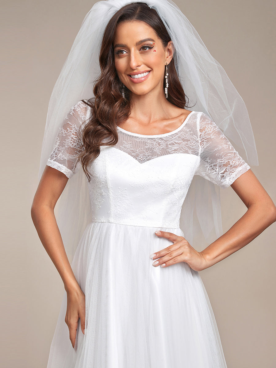 Abito da sposa A-line con pizzi e corsetto a maniche corte