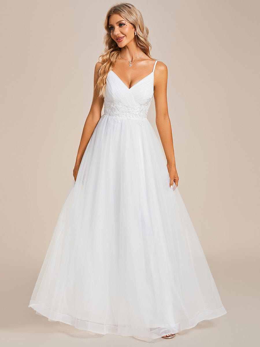 Abito da sposa Spalline sottili Scollo a V Vita in tulle applicazioni Linea A