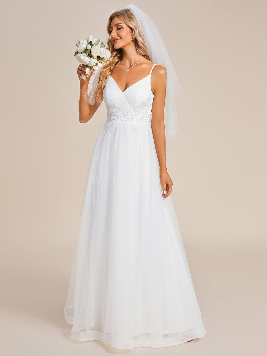 Abito da sposa Spalline sottili Scollo a V Vita in tulle applicazioni Linea A