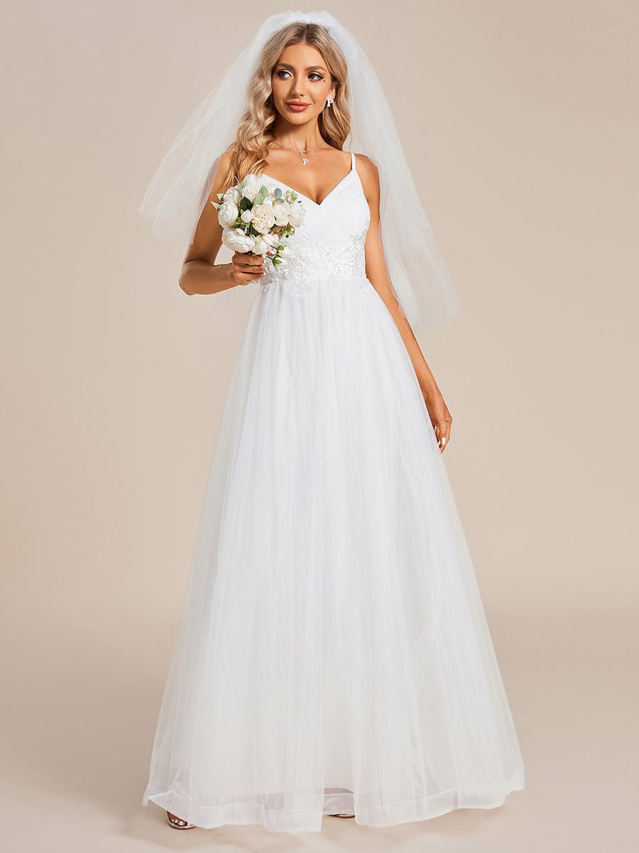 Abito da sposa Spalline sottili Scollo a V Vita in tulle applicazioni Linea A