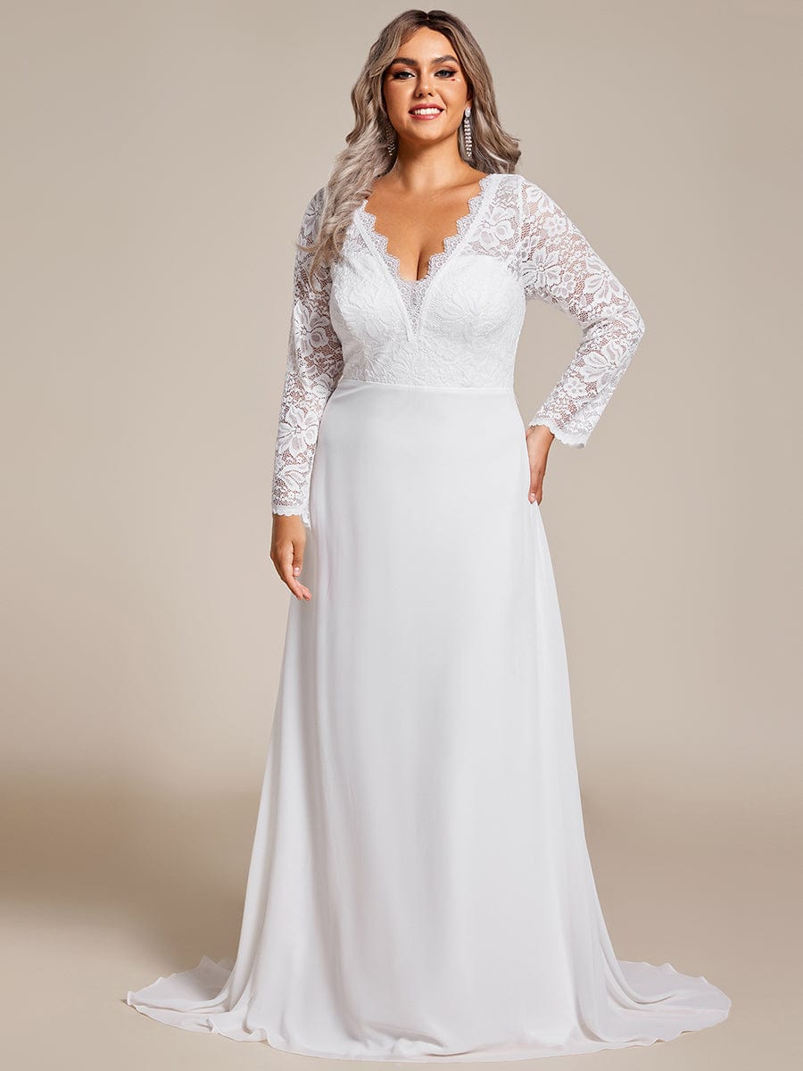 Abito da sposa a trapezio con maniche lunghe in elegante chiffon di seta e pizzo di grandi dimensioni