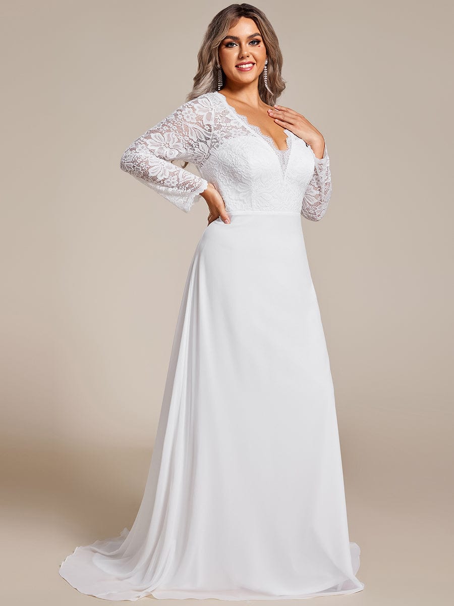 Abito da sposa a trapezio con maniche lunghe in elegante chiffon di seta e pizzo di grandi dimensioni