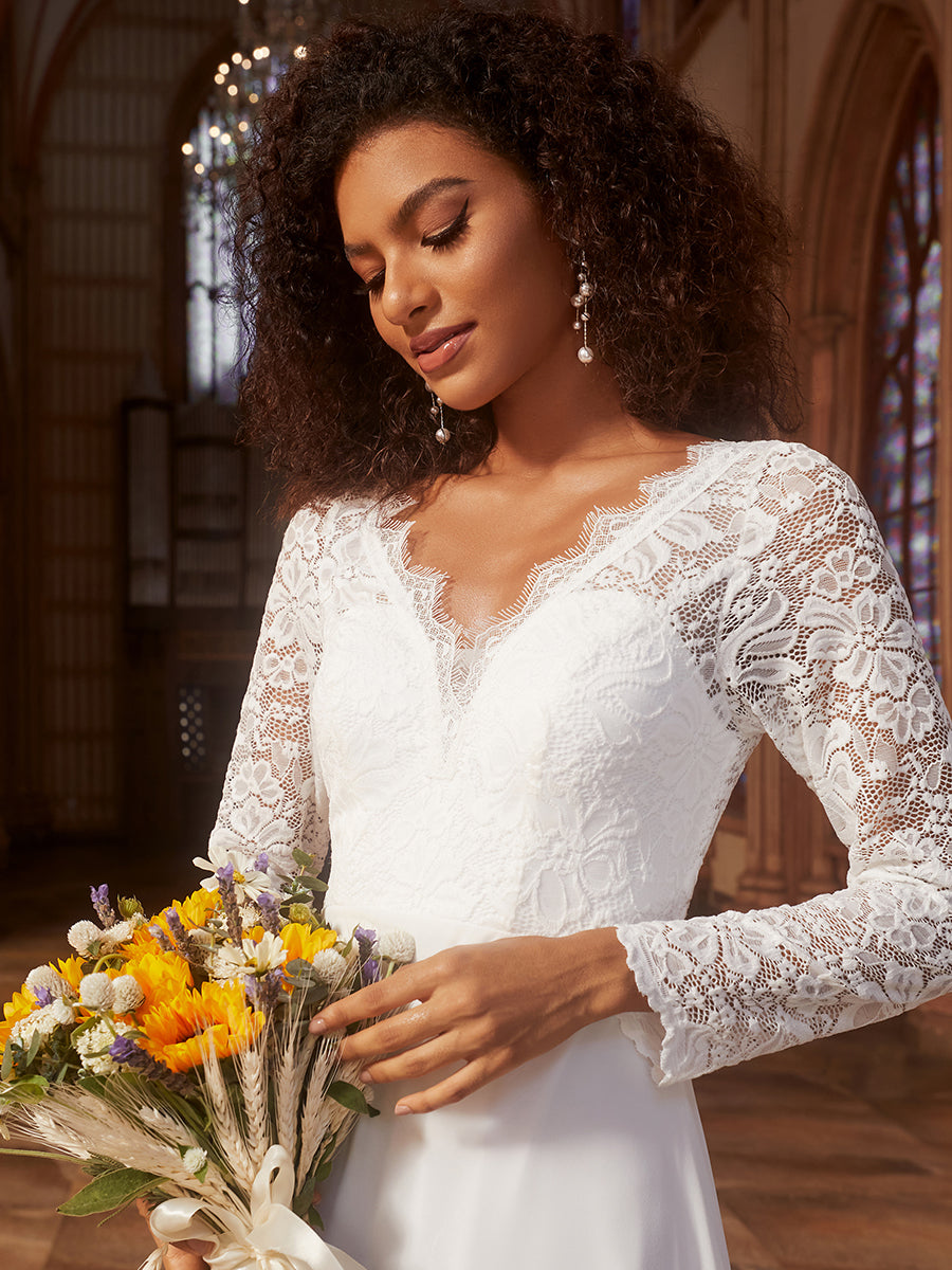 Abito da sposa a sirena in chiffon con maniche lunghe e ciglia sagomate