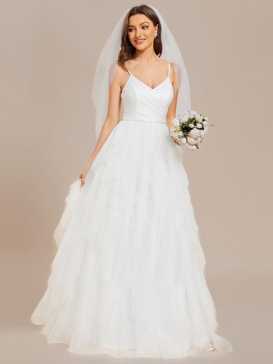 Abito da sposa in tulle scintillante con scollo a V e bretelle