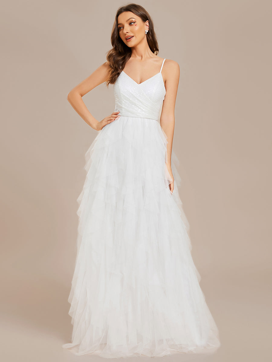 Abito da sposa in tulle scintillante con scollo a V e bretelle