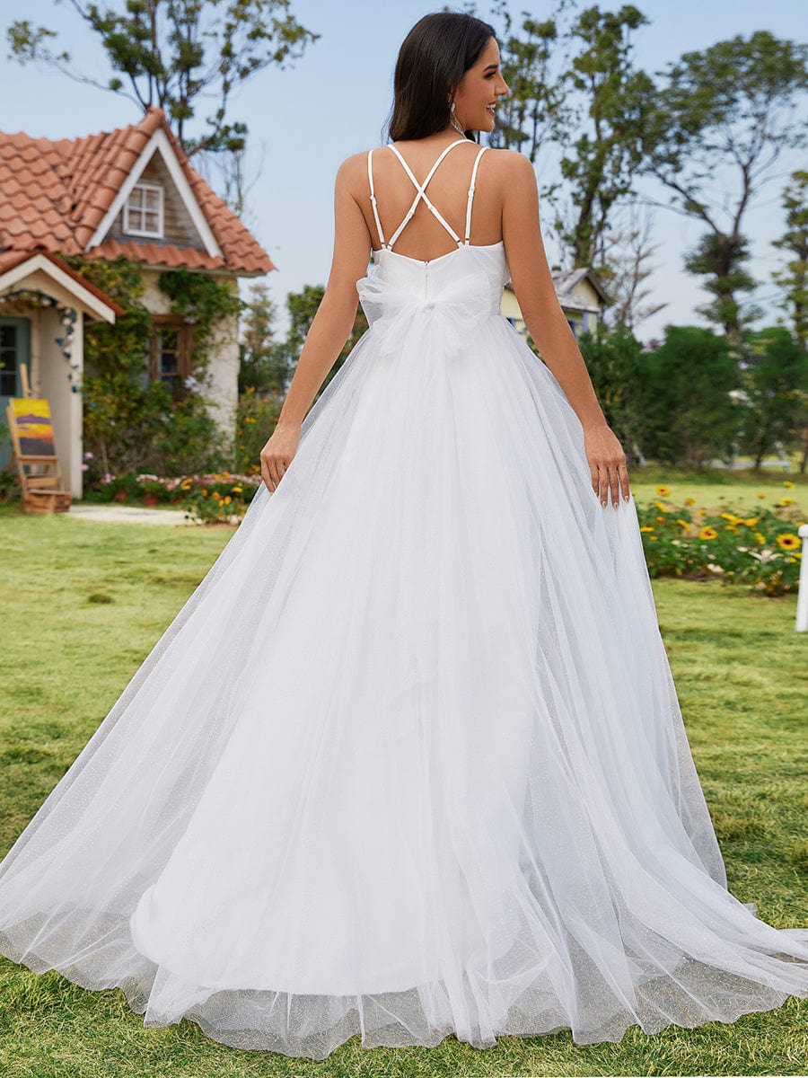 Abito da sposa a trapezio con fiocco sulla schiena e spalline con scollatura a V