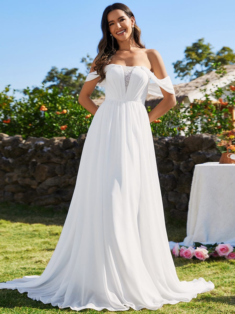 Abiti da sposa A-line in chiffon con schiena a corsetto e spalle scoperte