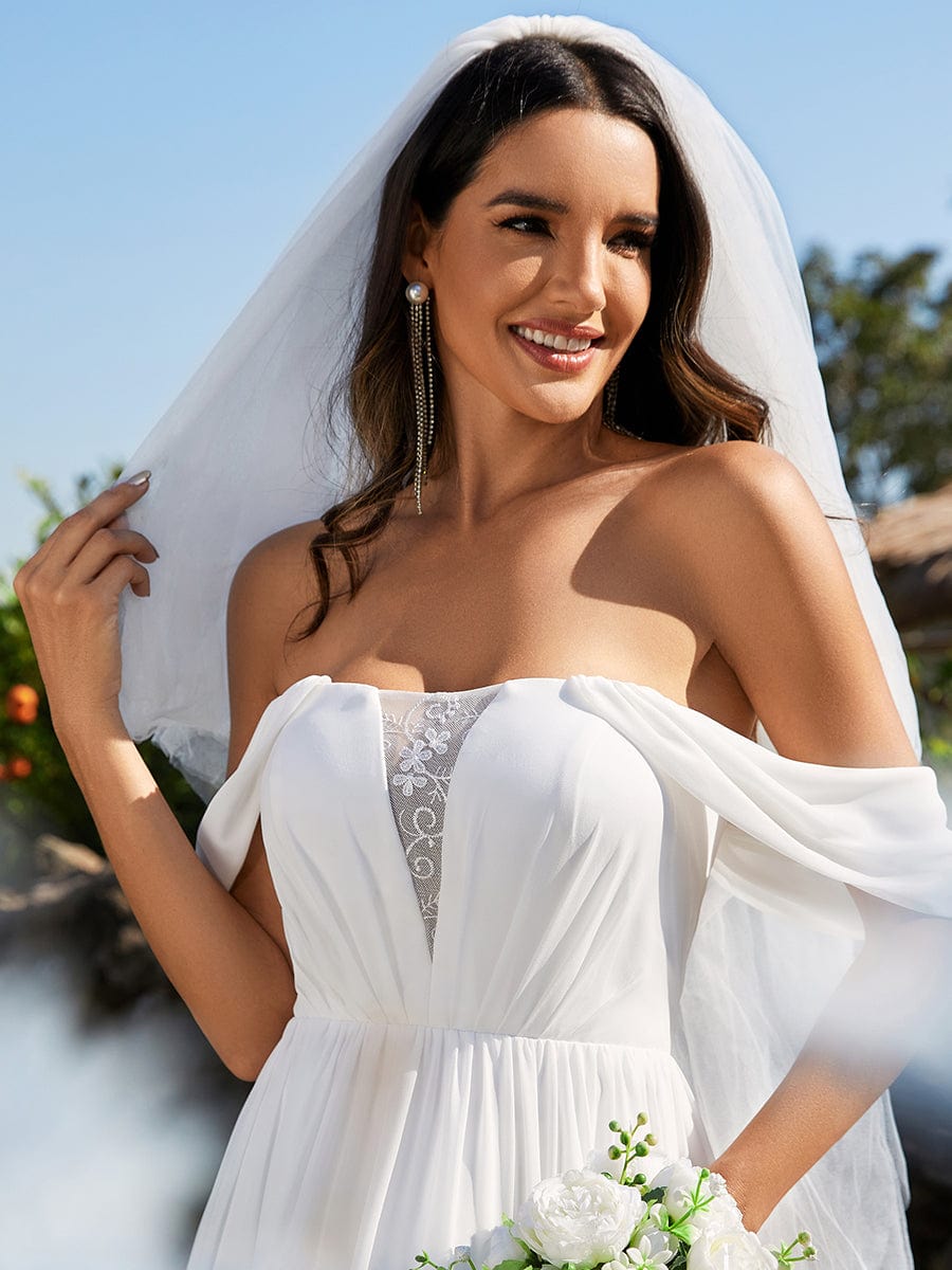 Abiti da sposa A-line in chiffon con schiena a corsetto e spalle scoperte