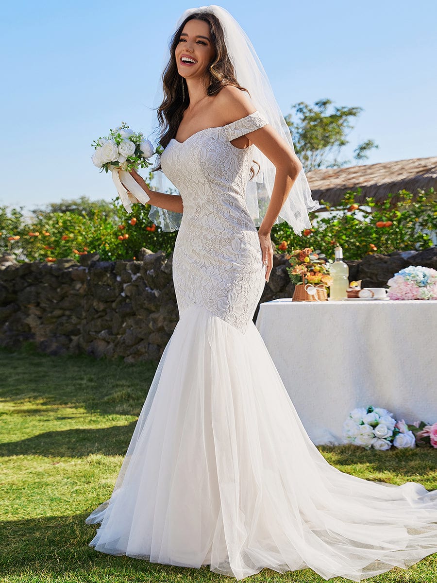 Abito da sposa a sirena in pizzo off-the-shoulder