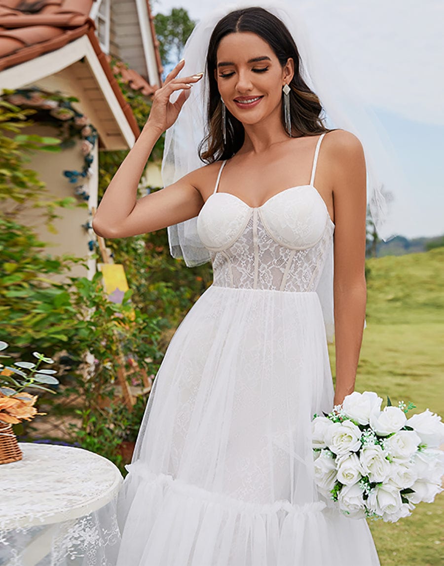 Abito da sposa alto-basso con corsetto a cuore e spalline a spaghetti