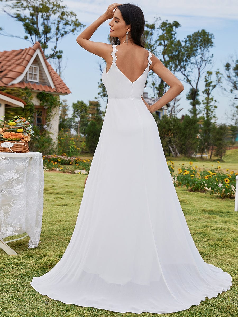 Abiti da sposa in chiffon con stampa floreale, scollo a V, spacco alto e bretelle per gli spaghetti