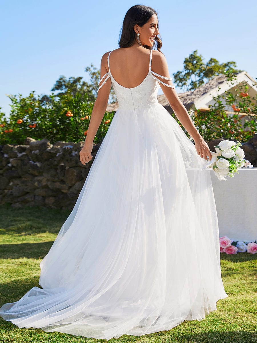 Abito da sposa ricamato con scollo a V e spalline di perline con linea ad A