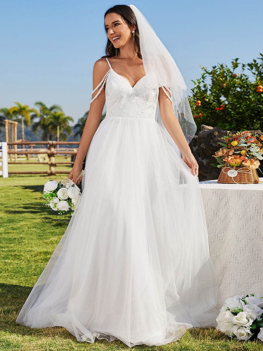 Abito da sposa ricamato con scollo a V e spalline di perline con linea ad A