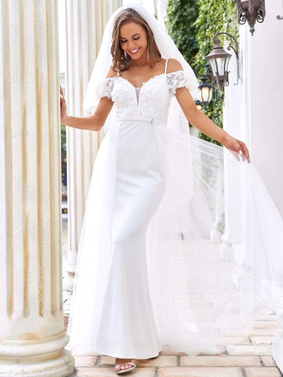 Spalline a spaghetti ornate di fiori Abito da sposa off-the-shoulder