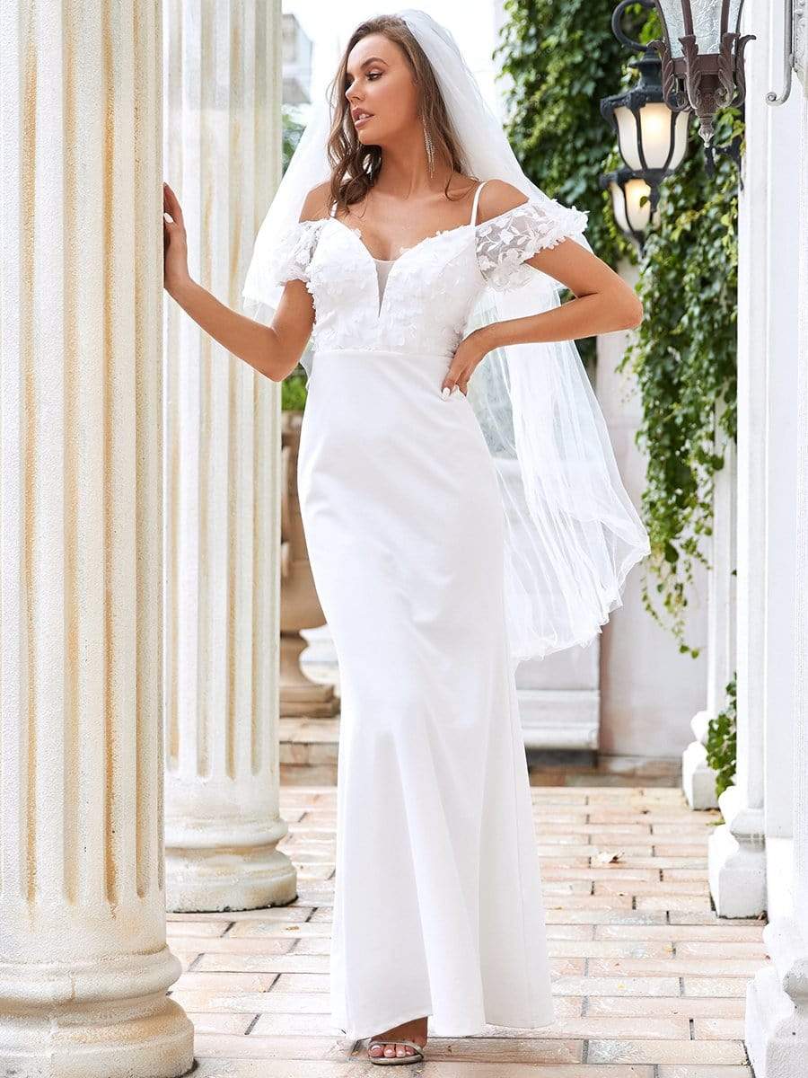 Spalline a spaghetti ornate di fiori Abito da sposa off-the-shoulder