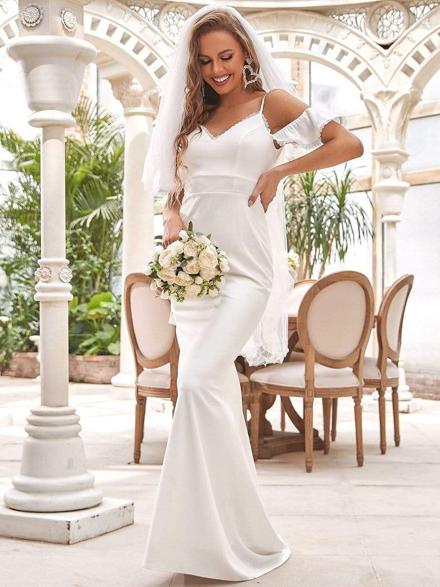 Sexy abito da sposa a sirena con scollo a V e spalle scoperte