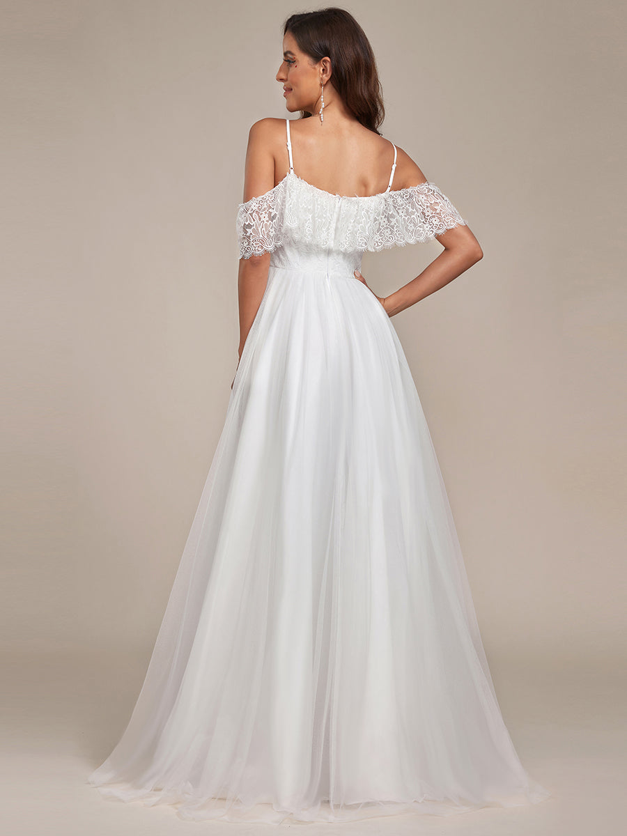 Abito da sposa in pizzo a spalla fredda con spalline alte e basse