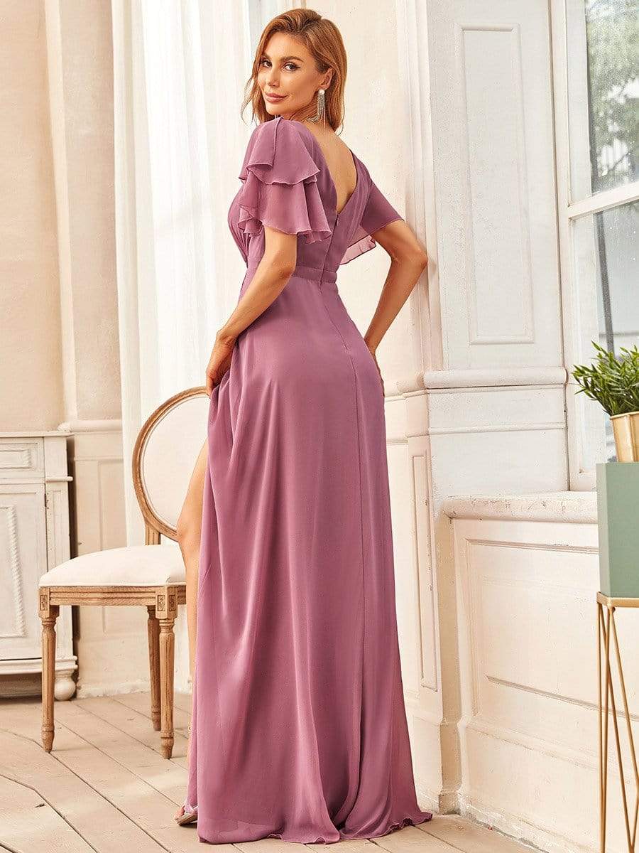 Elegante abito da madre della sposa in chiffon di seta con maniche a volant e a strati