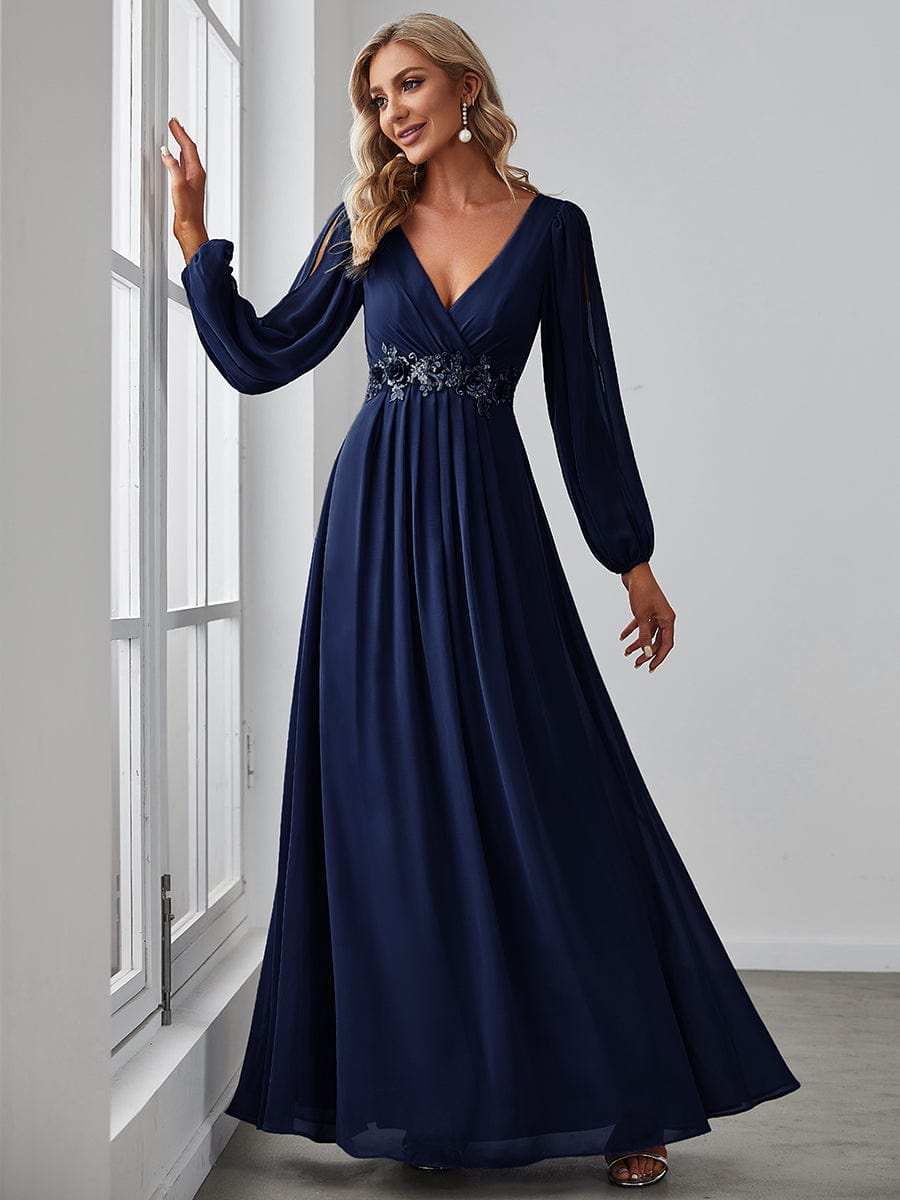 Abito da sposa elegante manica lunga profonda V Lanterne