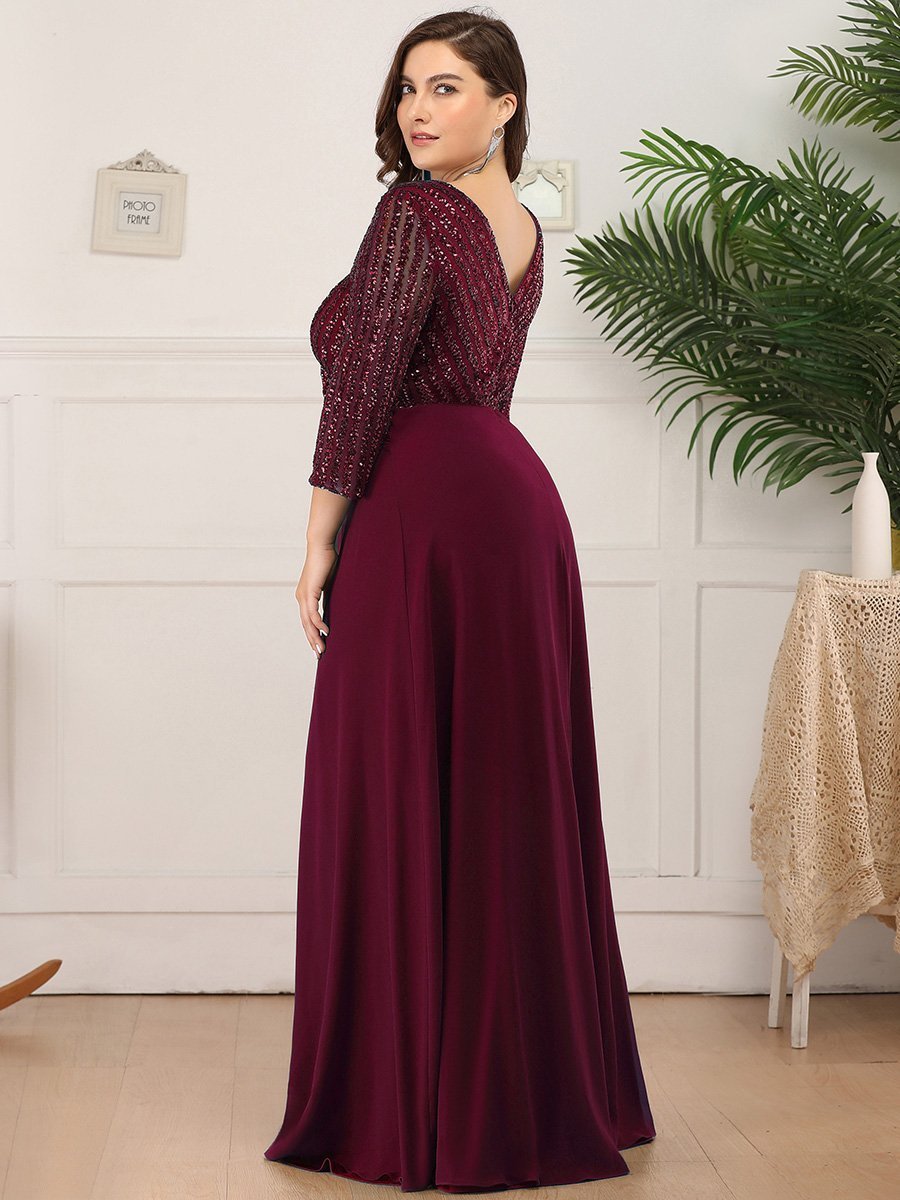 Abito da sera in paillettes, scollo a V, plus size, con maniche, scollatura ad A