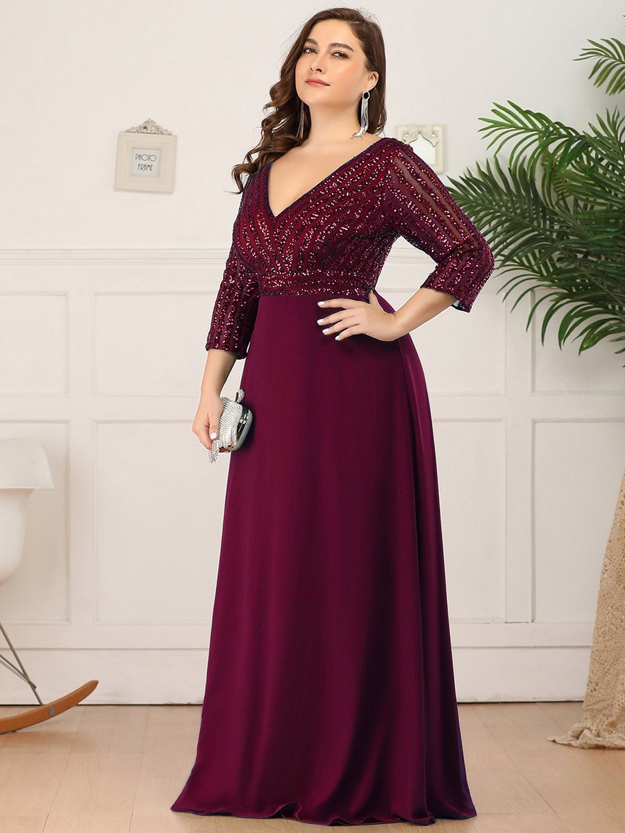 Abito da sera in paillettes, scollo a V, plus size, con maniche, scollatura ad A